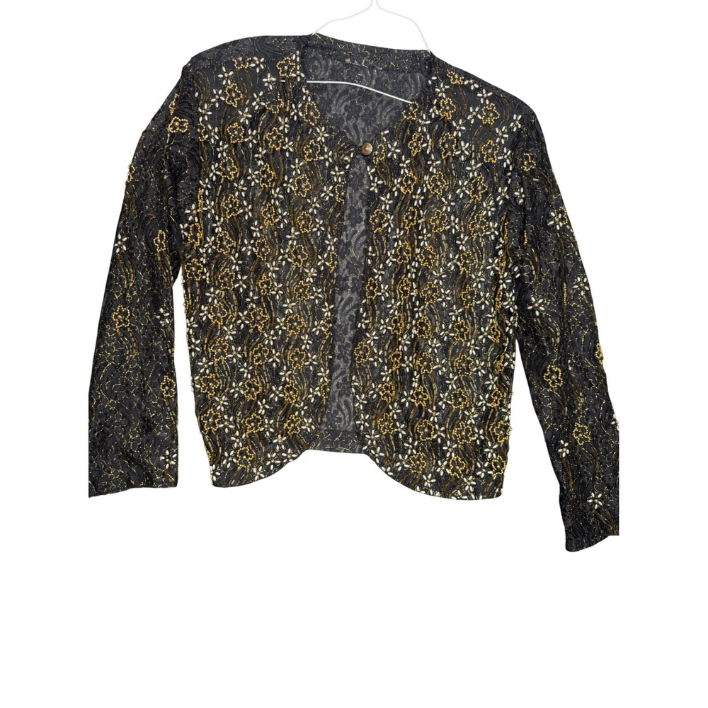 Vintage Black Gold Beaded Lace Bolero Jacket Shrug Sheer Floral Evening